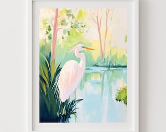 Swamp Egret Print: Pastel Heron, Serene Wetland Landscape (Digital Download)