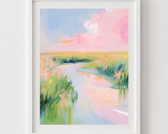 Abstract Pastel Wetland Landscape Art - Printable Coastal Wall Decor, Colorful Pastel Painting of Marsh, Pink Clouds, Blue Water, Beach Art