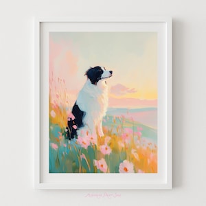 Border Collie in a Flower Field Art - Printable Dog Painting, Beautiful Black and White Dog Print, Herding Dog Poster