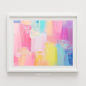 Peut inclure: Impression d'art abstrait dans un cadre blanc. L'œuvre présente une palette colorée de coups de pinceau roses, jaunes, bleus et turquoise. Le texte "Maydream Print Shop" est en bas.
