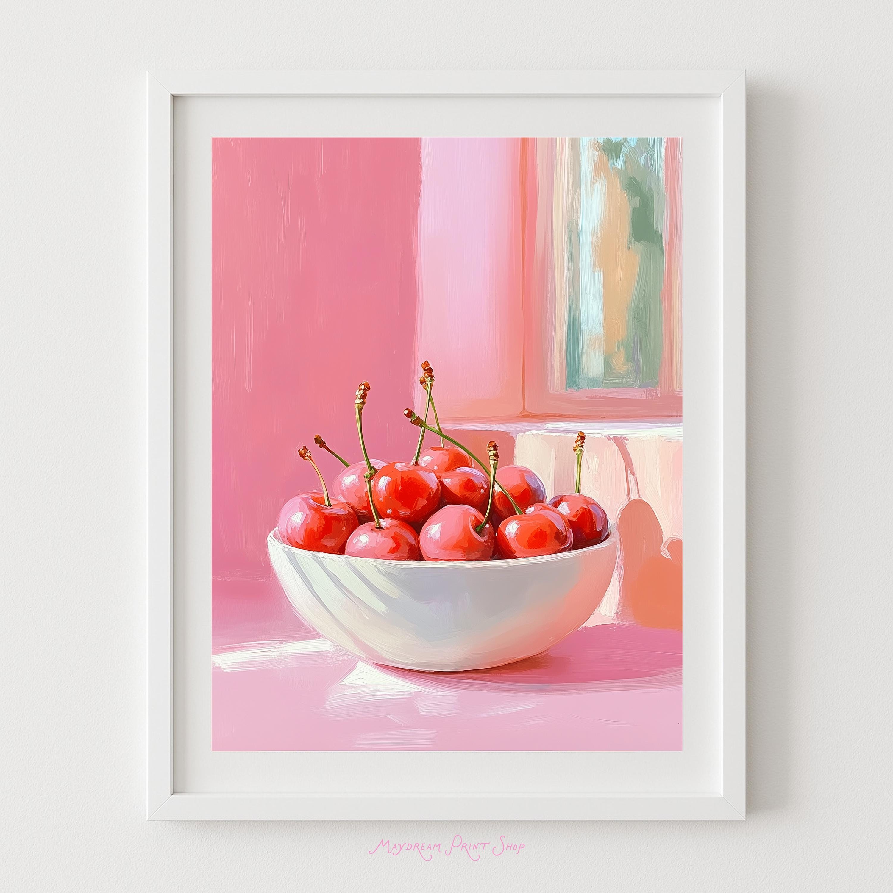 Bowl of Cherries Printable Wall Art - Red and Pink Decor, Fruit Print, Red Cherries Still Life, Coquette Food Art, Kitchen Decor