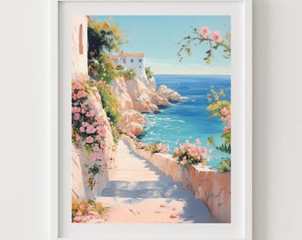 Impression d'art du sentier côtier : marches du bord de mer de la Méditerranée (téléchargement numérique, 5 x 7-24 x 36 po.)