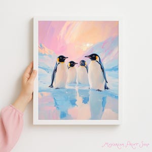 May include: A framed art print featuring four penguins standing on ice, with a colorful sunset and mountains in the background. The penguins have black heads, yellow accents, and white bellies. The artwork is in a painterly style.