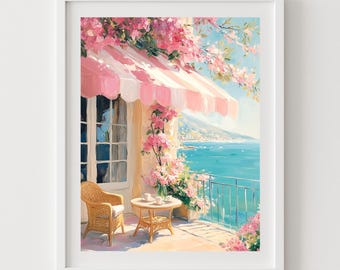 Pink Cafe Printable Art, Coastal Balcony, Sea View Painting, Romantic Floral Patio Art, Pink Stripes, Turquoise Ocean