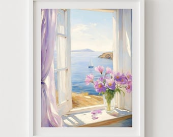 Purple Floral Window Printable Art, Dreamy View of the Coast, Ocean, Lavender Purple Instant Download Print