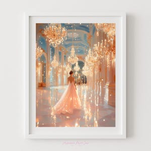 May include: A framed print depicts a woman in a flowing pink gown walking away in a grand ballroom. The room is illuminated by numerous ornate chandeliers, with gold and white accents. The ceiling is a light blue, and the floor reflects the light.