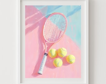 Pink Tennis Art Print - Retro Pastel Sports Wall Printable Art, Playful Tennis Painting, Tennis Balls and Racket, 80s Style Athletic Decor