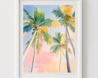 Tropical Palm Trees Digital Art Print, Beach Home Decor, Sunset Sky Coastal Wall Art, Pastel Summer Printable