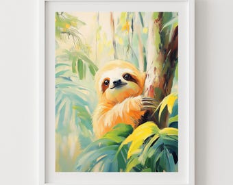 Lámina artística de un perezoso adorable: decoración de pared de animales de la selva tropical (descarga digital)