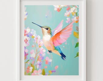 Hummingbird Floral Art Print: Whimsical Pastel Garden Decor (Digital Download)
