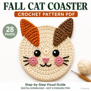 May include: A round cream-colored crochet cat coaster pattern featuring orange and brown ears, black eyes, pink cheeks, and a black stitched nose and mouth. The text reads FALL CAT COASTER CROCHET PATTERN PDF, 28 PAGES, and Step-by-Step Visual Guide.