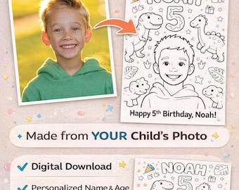 Página para colorear de cumpleaños personalizada a partir de una foto, hoja para colorear de cumpleaños infantil personalizada, actividad imprimible para fiestas, descarga digital