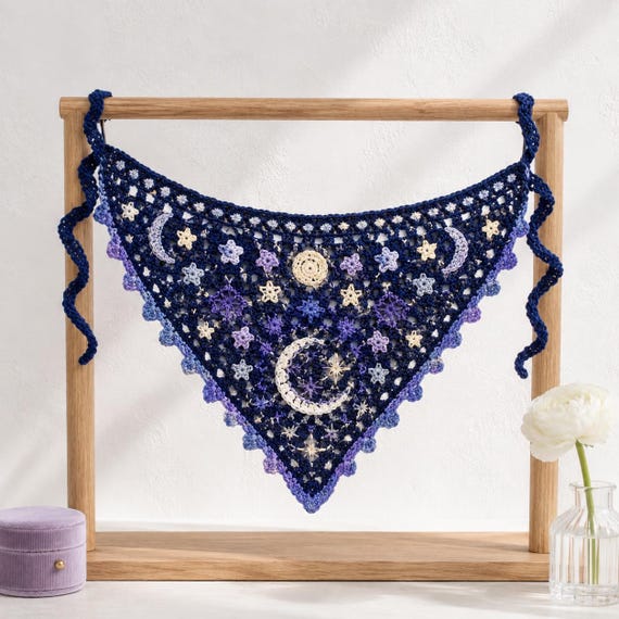 Celestial Crochet Bandana Pattern PDF, Moon & Stars Headscarf, Boho Lace Hair Scarf, Witchy Festival Kerchief, Instant Download, DIY Pattern
