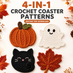 Op de afbeelding: Een digitale afbeelding met de tekst 4-IN-1 CROCHET COASTER PATTERNS INSTANT PDF DOWNLOAD. De afbeelding toont vier gehaakte onderzetters: een oranje pompoen met een bruine steel, een wit spookje, een zwart kattengezicht en een rood-oranje esdoornblad.