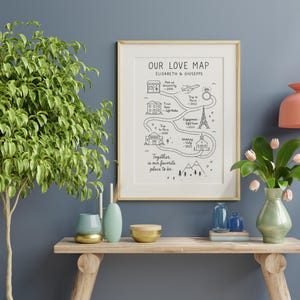 Puede incluir: Un marco dorado con una impresi&oacute;n en blanco y negro "Our Love Map", que representa el viaje de una pareja con ilustraciones de lugares y fechas importantes. La impresi&oacute;n se muestra en una mesa de madera con objetos decorativos y una planta verde.