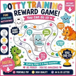 May include: A potty training reward game digital download featuring a winding path with circular spaces, a central toilet character, a green dinosaur, a triceratops, and a gold trophy. Text includes POTTY TRAINING REWARD GAME, You can do it, START HERE, Nice try, Keep going, You're doing great, SO PROUD OF YOU, and YOU DID IT.