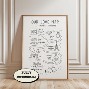 Op de afbeelding: Een zwart-wit geprinte, op maat gemaakte kaart met de tekst "OUR LOVE MAP" en de namen "ELISABETH & GIUSEPPE". De kaart illustreert belangrijke momenten met iconen en data, waaronder een universiteit, vliegtuig, Eiffeltoren en kerk. De tekst onderaan luidt "Together is our favorite place to be."