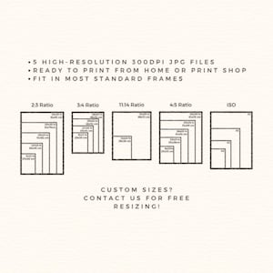 Puede incluir: Impresi&oacute;n beige con marcos rectangulares y medidas en cm y pulgadas. El texto incluye "5 HIGH-RESOLUTION 300DPI JPG FILES", "READY TO PRINT FROM HOME OR PRINT SHOP", y "FIT IN MOST STANDARD FRAMES". El texto inferior dice "CUSTOM SIZES? CONTACT US FOR FREE RESIZING!"