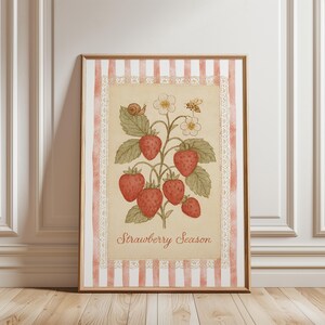 Vintage Striped Strawberry Print, Cottagecore Printable Wall Art, Botanical Art Print, Cute Trendy Wall Art Digital Art Download