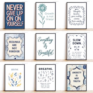 10 Mental Health Wall Art Prints, Gallery Wall Art Set for Therapy Office Decor Blue, Mental Health Printables, Inspirational Quotes