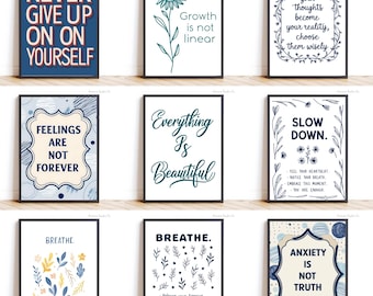 10 Mental Health Wall Art Prints, Gallery Wall Art Set for Therapy Office Decor Blue, Mental Health Printables, Inspirational Quotes