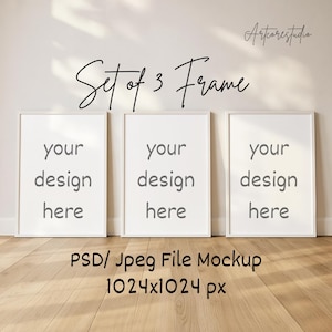 Set of 3 Frame Mockup, Leaning Wall Poster A4 A3 A2, Minimal Boho Wood Gallery Set, PSD Jpeg Template, Digital Download