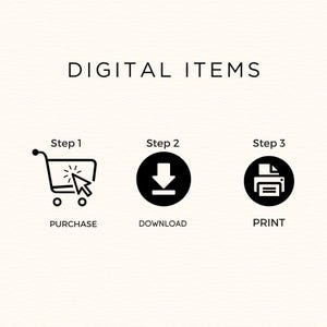 Puede incluir: Imagen con el texto "DIGITAL ITEMS" en la parte superior. Debajo, tres pasos: "Paso 1" con un icono de carrito de compras y la palabra "COMPRAR", "Paso 2" con un icono de descarga y la palabra "DESCARGAR", y "Paso 3" con un icono de impresora y la palabra "IMPRIMIR".