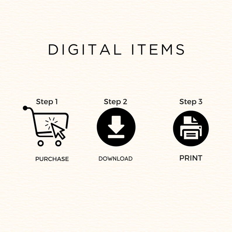 Puede incluir: Imagen con el texto "DIGITAL ITEMS" en la parte superior. Debajo, tres pasos: "Paso 1" con un icono de carrito de compras y la palabra "COMPRAR", "Paso 2" con un icono de descarga y la palabra "DESCARGAR", y "Paso 3" con un icono de impresora y la palabra "IMPRIMIR".