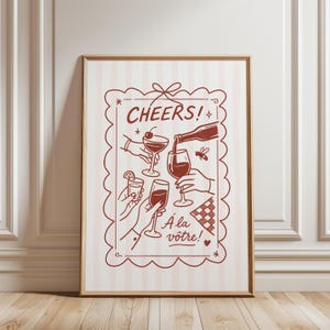Hand Drawn Red Cheers! Poster, Red and White Aesthetic Print, French Eclectic Kitchen Wall Art, Pinterest Wine Bar Decor, Digital Download
