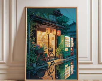 Anime café muurkunstafdruk | Gezellige fietsstraatposter | Op Japanse anime geïnspireerd modern ukiyo-e-decor | Cadeau voor animeliefhebbers