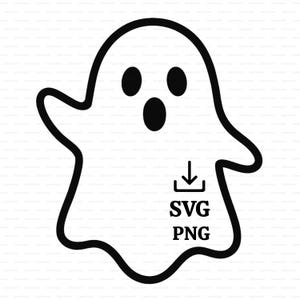 May include: A black and white graphic of a cartoon ghost with an open mouth and three eye holes. Below the ghost is a downward-pointing arrow and the text "SVG PNG".