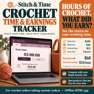 以下が含まれることがあります： ノートパソコンの画面に表示されたStitch & Timeのかぎ針編み時間・収益トラッカーアプリ。インターフェースには02:00:00に設定された作業タイマーと、時給34.00ドルの推定収益が表示されています。画像には、プロジェクトのコスト、純利益、時給計算の詳細を説明するテキストが含まれています。