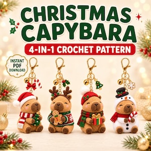 Könnte beinhalten: Vier gehäkelte Capybara-Schlüsselanhänger mit Weihnachtsmotiven, darunter eine Weihnachtsmannmütze, Rentiergeweih, eine Wintermütze und ein Schneemannkostüm. Jeder Anhänger hat einen goldenen Karabinerverschluss, ein Glöckchen und einen kleinen Anhänger.