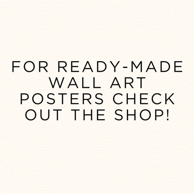Puede incluir: Texto negro sobre fondo crema: &laquo;FOR READY-MADE WALL ART POSTERS CHECK OUT THE SHOP!&raquo;. El mensaje anuncia p&oacute;steres de arte mural prefabricados, con una tipograf&iacute;a sencilla y limpia.
