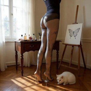 Pu&ograve; includere: Collant neri velati caratterizzati da un delicato motivo a farfalla ripetuto, indossati con un body nero. La calza &egrave; traslucida e mette in risalto gli intricati disegni a linee di farfalle sparsi sulle gambe, abbinati a scarpe con tacchi alti.