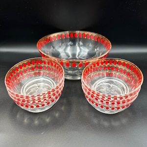 Grand bol de service fabriqué en Italie avec 6 petits bols à dessert, ensemble de vaisselle en verre à pois rouges
