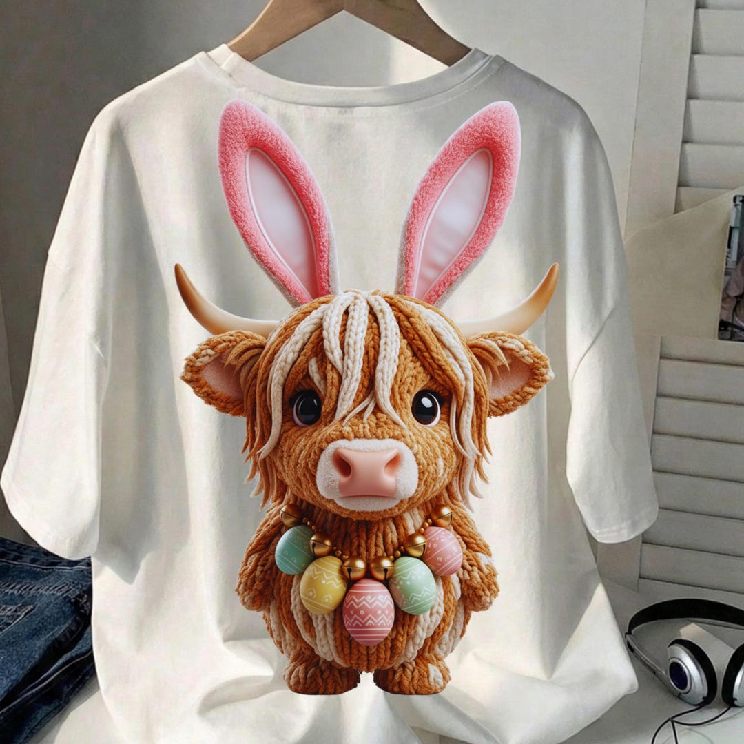 Easter Highland Cow PNG: Cute Bunny Ears Cow Sublimation Design ...
