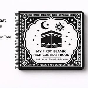 May include: A black and white high-contrast baby book with spiral binding. The cover features a stylized illustration of the Kaaba, a crescent moon, and stars. Text on the cover reads "MY FIRST ISLAMIC HIGH-CONTRAST BOOK". The book is designed for babies aged 0-6 months.
