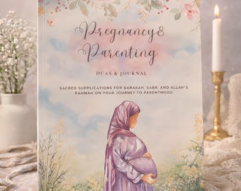 Puede incluir: Un diario titulado Pregnancy & Parenting Duas & Journal con una ilustración en acuarela de una persona embarazada con vestido y pañuelo morados, rodeada de suaves imágenes florales y texto sobre súplicas sagradas para la paternidad.