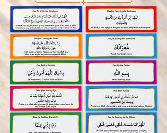 Puede incluir: Un conjunto de 10 pegatinas rectangulares tituladas 10 Daily Dua Stickers, cada una con caligrafía árabe y traducciones al inglés para varias oraciones diarias. Las pegatinas tienen bordes coloridos en tonos azul, rojo, naranja, verde, morado y rosa.