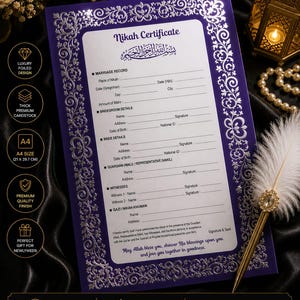 May include: A4 size Nikah certificate with a purple border and silver foil accents. The document includes sections for marriage details, bridegroom, bride, and witnesses. Features text in Arabic and English, and is a perfect gift for newlyweds.