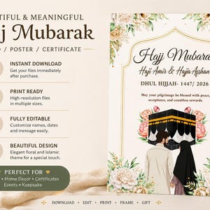 Peut inclure: Un modèle de carte, affiche et certificat Hajj Mubarak avec le texte Hajj Mubarak, Haji Amir & Hajia Afshan, et Dhul Hijjah 1447/2026. Le design présente une illustration de la Kaaba, un couple et des motifs floraux dans les tons crème et vert.
