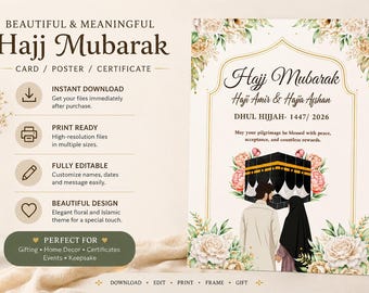 Editable Hajj Mubarak Card Template for Couples | Islamic Printable Greeting Card | Personalized Muslim Hajj Gift | Canva Instant Download