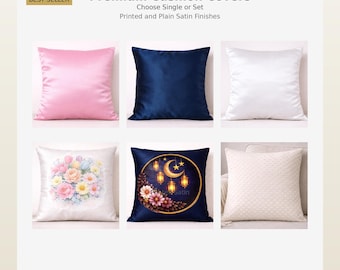 Puede incluir: Una colección de fundas de cojín de satén de primera calidad en varios colores y diseños. Incluye fundas lisas rosas, azul marino y blancas, junto con opciones estampadas con motivos florales y celestiales. El texto "BEST SELLER" y "Premium Cushion Covers" son visibles.