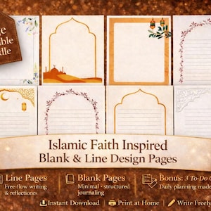 Könnte beinhalten: Eine Sammlung druckbarer leerer und linierter Designseiten mit islamischem Thema. Die Seiten zeigen bogenförmige Rahmen, florale Akzente und Illustrationen von Moscheen und Laternen. Das Titelbanner lautet "Islamic Faith Inspired Blank & Line Design Pages."