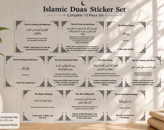 Puede incluir: Un juego de 10 pegatinas Islamic Duas con texto negro sobre fondos transparentes. Cada pegatina rectangular muestra caligrafía árabe, transliteración y traducciones al inglés, con unas medidas de 14,8 x 10,5 cm.
