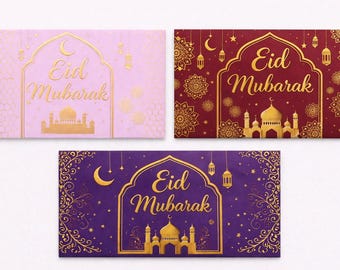 Koperty na pieniądze z okazji Eid Mubarak do druku | Pojemnik na gotówkę z okazji Eid Mubarak | Wzory dla 3 dorosłych | Standardowy rozmiar koperty | Darmowe naklejki