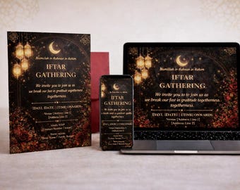 Puede incluir: Un conjunto de invitaciones con una tarjeta impresa, un teléfono inteligente y una pantalla de portátil, todos mostrando "IFTAR GATHERING" en letras doradas sobre un fondo floral oscuro con una luna creciente y linternas.