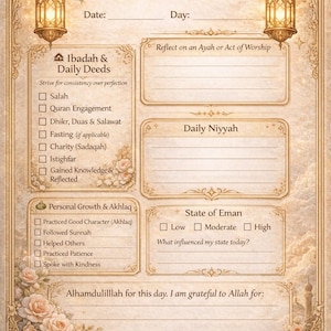 Islamic Daily Reflection Journal Page | Vintage Ibadah, Dua, Gratitude (Digital Download)