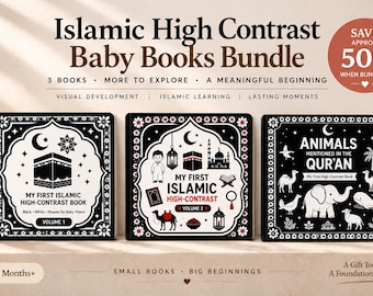 Puede incluir: Un paquete de tres libros cuadrados para bebés de alto contraste con ilustraciones en blanco y negro. Las portadas muestran motivos islámicos, incluyendo la Kaaba, animales y el texto My First Islamic High-Contrast Book y Animals Mentioned in the Qur'an.